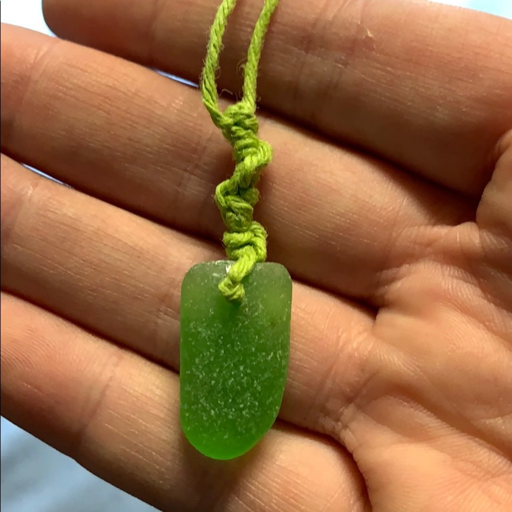 Green sea glass on hemp necklace